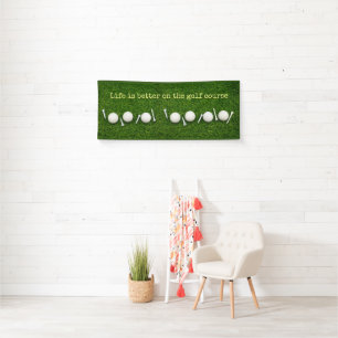 Golf balls and tees on green background birthday banner