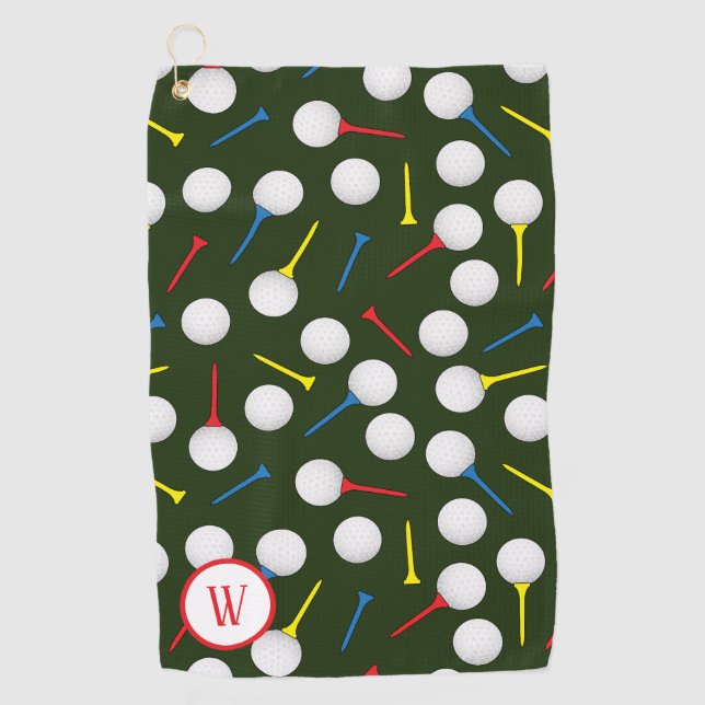 Golf Balls and Tees Patterned Golfer Monogram Golf Towel (Front)