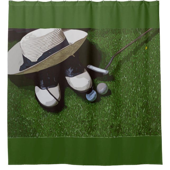 Golf balls are on green grass for golfer bathroom shower curtain (Front)