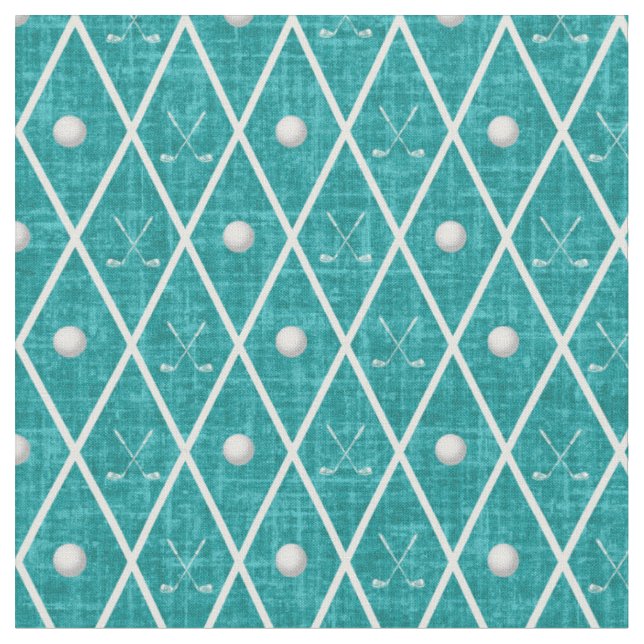 Golf Balls & Clubs Argyle on Teal Fabric (Close Up)