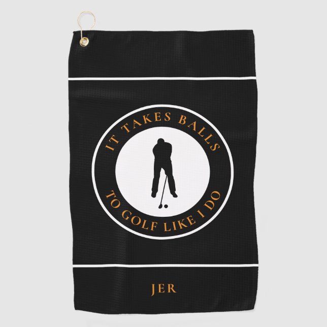 Golf Balls Humour Golfer Pun Monogram Black Orange Golf Towel (Front)
