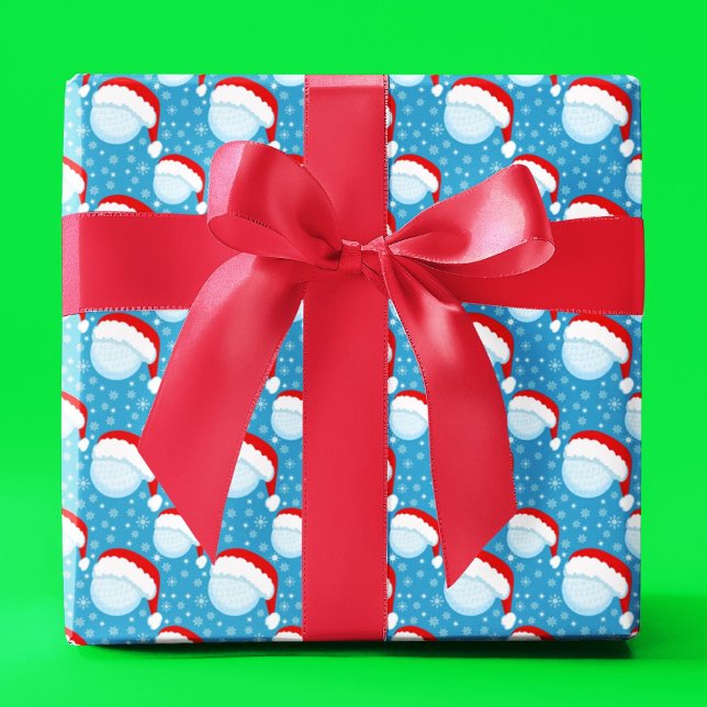 Golf Balls Santa's Hat & Snowflakes Light Blue Wrapping Paper (Creator Uploaded)