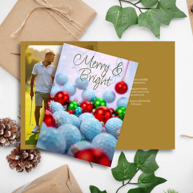 Golf Balls & Shiny Ornaments • Family Photo Gold Holiday Card (Creator Uploaded)