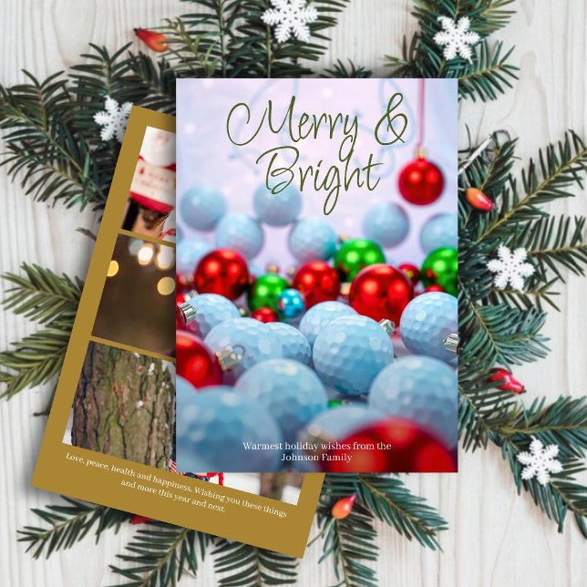 Golf Balls & Shiny Ornaments • Three Photo Gold Holiday Card (Creator Uploaded)
