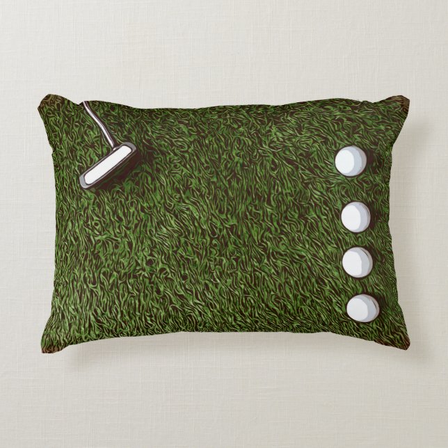 Golf bedroom with golf ball  with putter on  grass decorative cushion (Front)