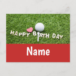 Golf birthday card with golf ball and tee on green