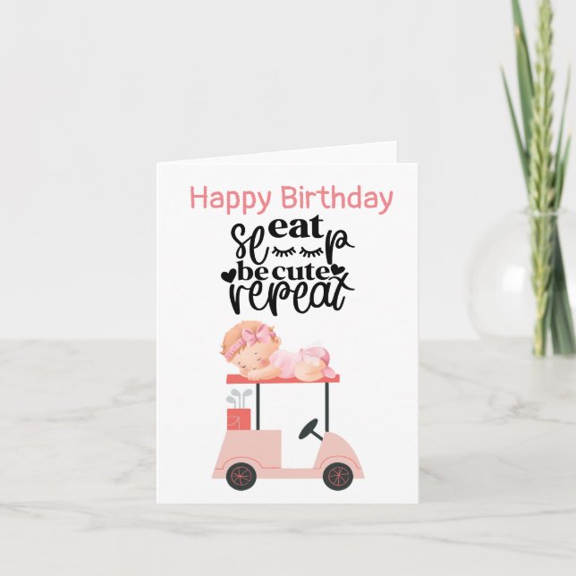 Golf  birthday girl on golf cart pink theme card (Front)