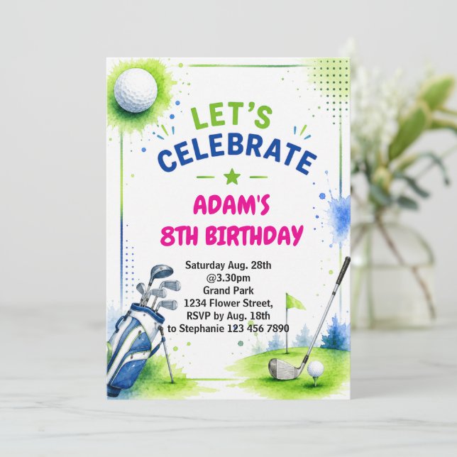 Golf Birthday Invitation Watercolor (Standing Front)