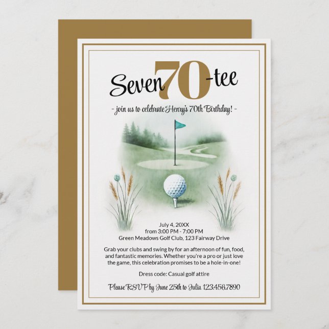 Golf Birthday Party Invitations for 70th (Front/Back)