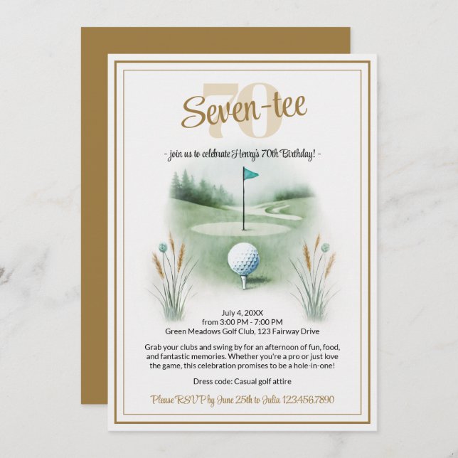 Golf Birthday Party Invitations for 70th (Front/Back)