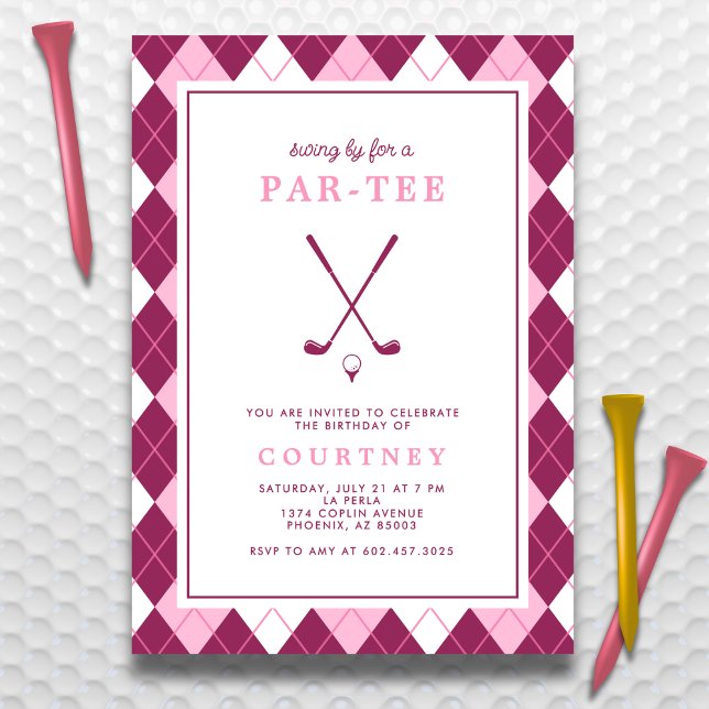 Golf Birthday Party Modern Preppy Argyle Pink Invitation (Creator Uploaded)