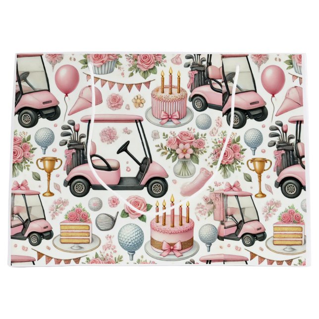 Golf Birthday Party Pink Themed for Girl Woman  Large Gift Bag (Front)