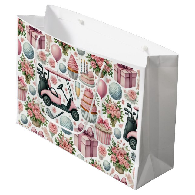Golf Birthday Party Pink Themed for Girl Woman  Large Gift Bag (Front Angled)