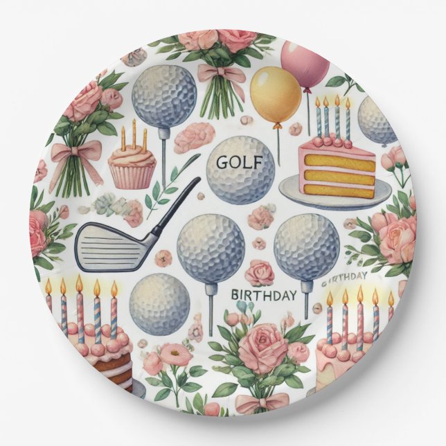 Golf Birthday Party Pink Themed for Girl Woman  Paper Plate (Front)