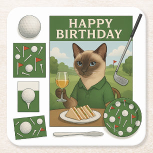 Golf Birthday Themed for Cat Lovers Square Paper Coaster