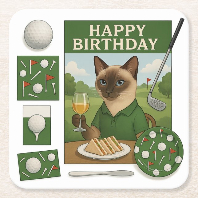 Golf Birthday Themed for Cat Lovers Square Paper Coaster (Front)