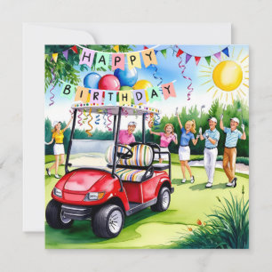 Golf Birthday Themed with golf cart and golfers Card
