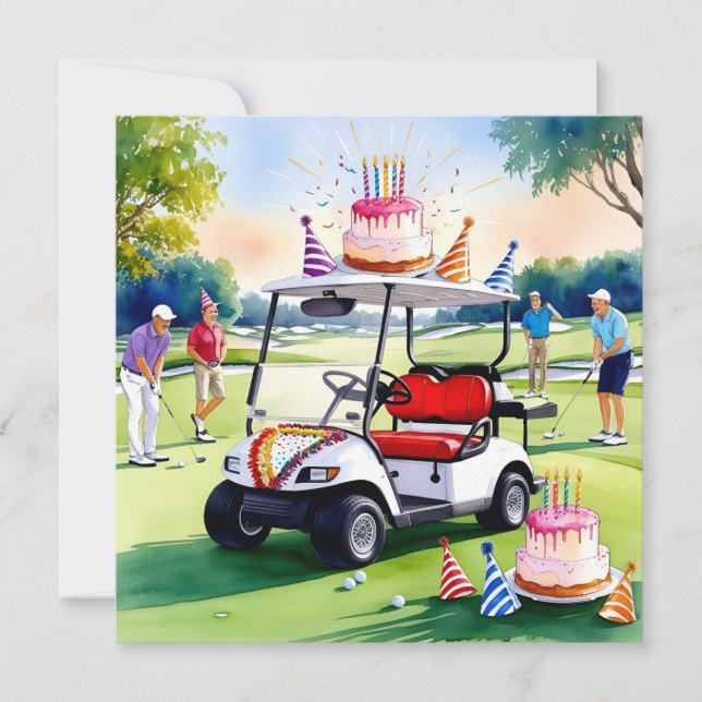 Golf Birthday Themed with golf cart and golfers Card (Front)