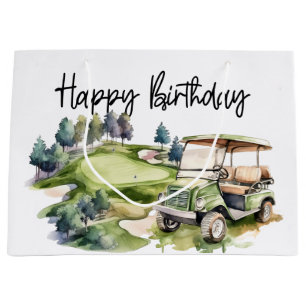 Golf Birthday with golf cart watercolor Large Gift Bag