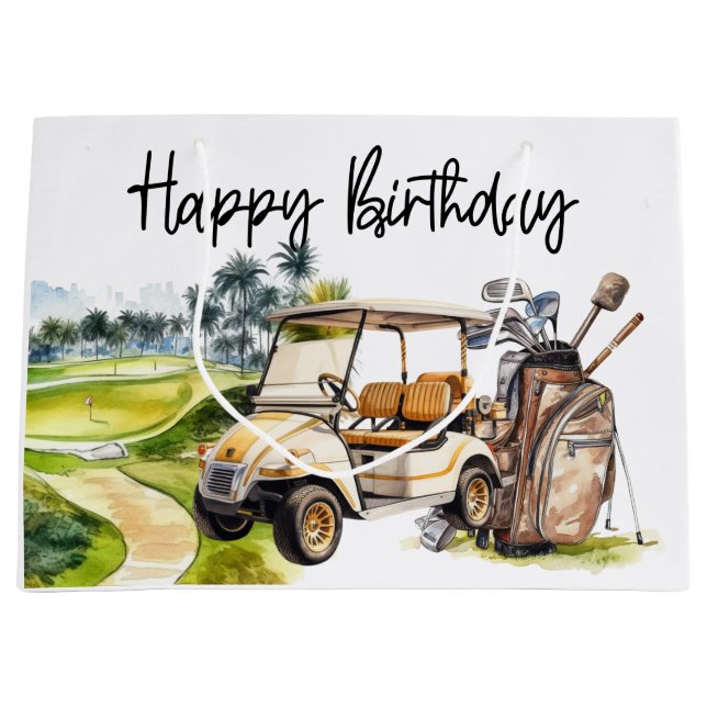 Golf Birthday with golf cart   watercolor Large Gift Bag (Front)