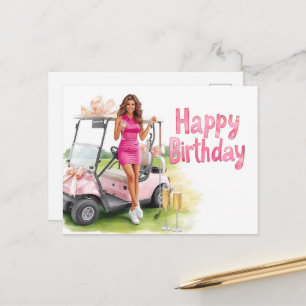 Golf  Birthday with golfer woman and pink cart Postcard