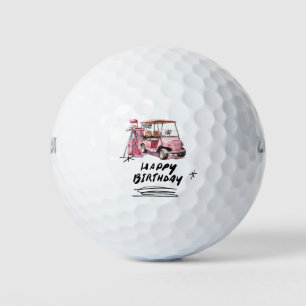 Golf birthday with pink cart and bag for woman golf balls