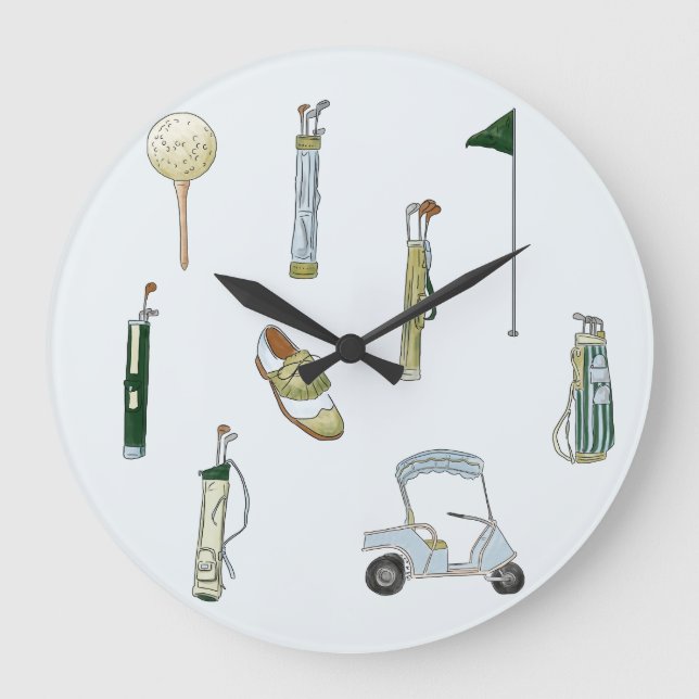 Golf blue and green watercolor large clock (Front)