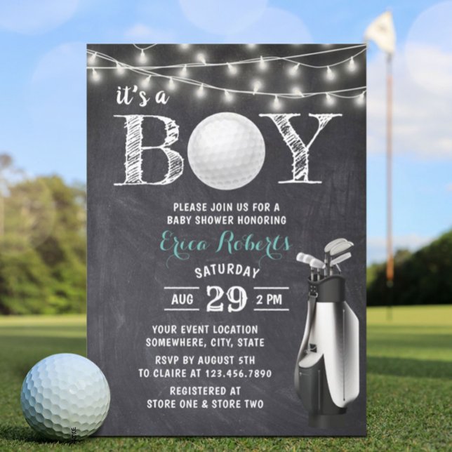 Golf Boy Rustic Chalkboard Baby Shower Invitation (Creator Uploaded)