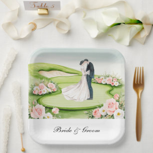 Golf Bride and Groom on Golf Course Wedding Paper Plate