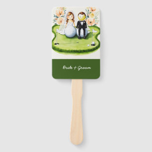 Golf bride and groom Wedding on putting green Hand Fan