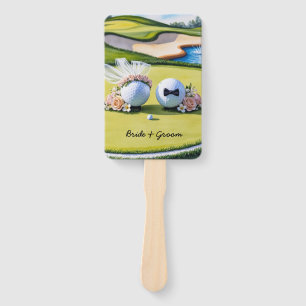 Golf bride and groom Wedding on putting green Hand Fan