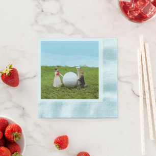 Golf bride and groom with golf ball and tee napkin