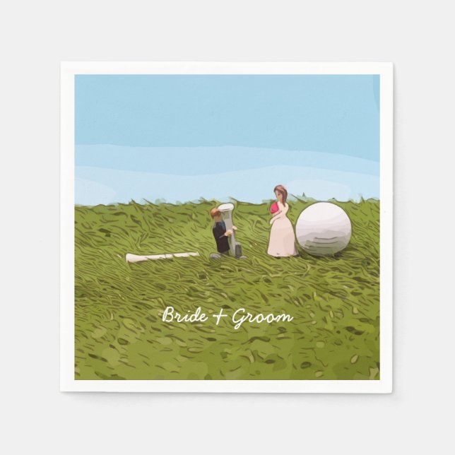 Golf bride and groom with golf ball tee Wedding Napkin (Front)