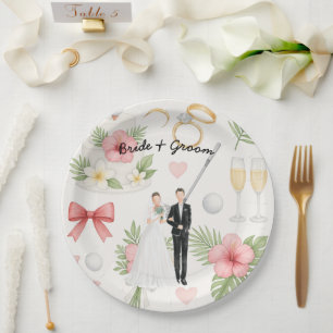 Golf bride and groom with golf ball tee Wedding  Paper Plate