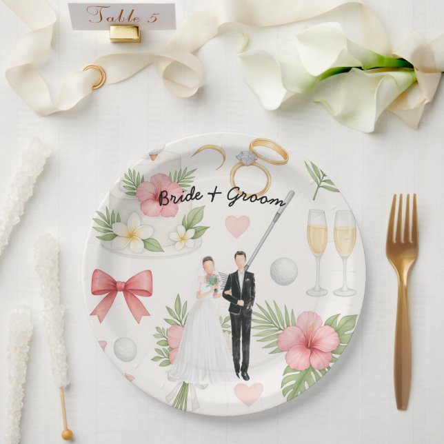 Golf bride and groom with golf ball tee Wedding  Paper Plate (Wedding)