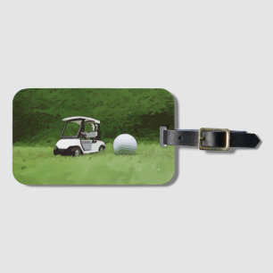 Golf buggy cart with golf ball are on green luggage tag