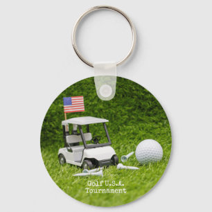 Golf cart and ball with flag of America Key Ring