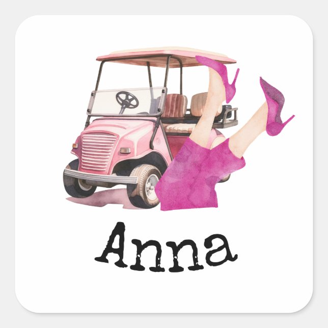 Golf cart and pink high heel shoes woman golfer square sticker (Front)