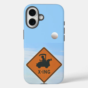 Golf Cart Crossing Sign, Golf Ball in Air iPhone 16 Case