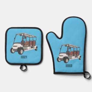 Golf cart / golf buggy cartoon illustration oven mitt & pot holder set
