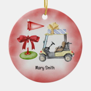 Golf Cart Golf Flag Christmas Ceramic Ornament