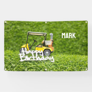Golf cart is  on green grass background banner