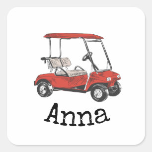 Golf cart is red with name  square sticker