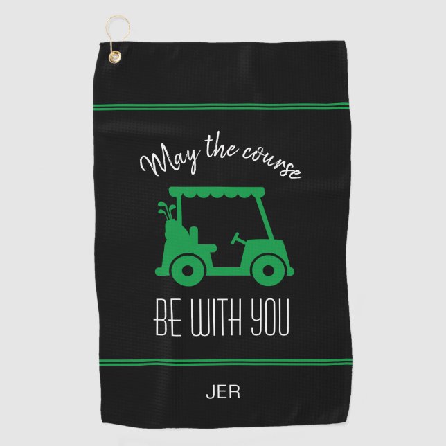 Golf Cart Monogrammed Golfer Quote Black & Green Golf Towel (Front)
