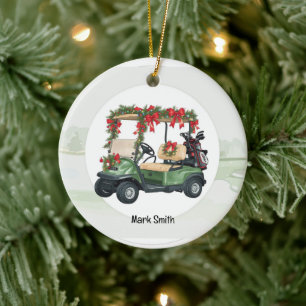 Golf Cart on Christmas Background for Golfer Ceramic Tree Decoration