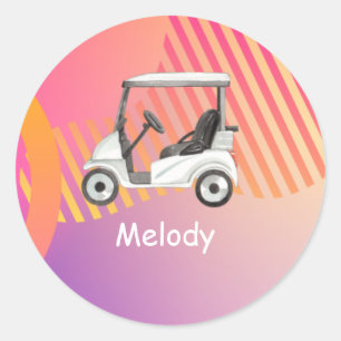 Golf cart on pink colourful background with name classic round sticker