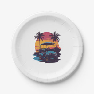 Golf Cart Palm Trees Sunset Vintage Set Paper Plate