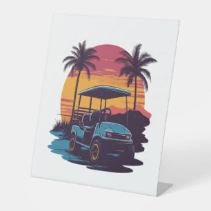 Golf Cart Palm Trees Sunset Vintage Set Pedestal Sign