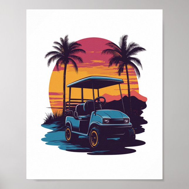 Golf Cart Palm Trees Sunset Vintage Set Poster (Front)