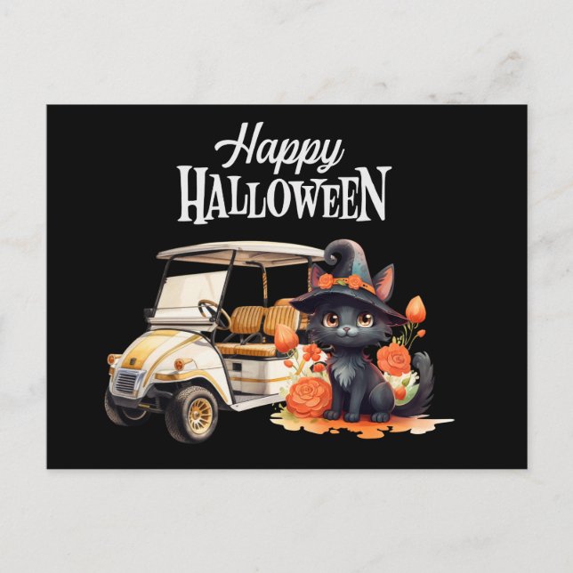 Golf cart with Black cat for Halloween Day Holiday Postcard (Front)